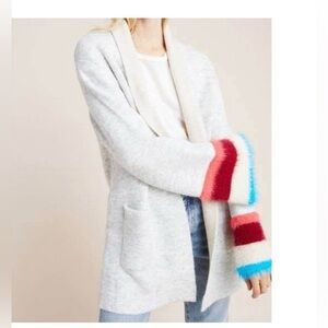 Anthropologie Maude Vivante Cozy Gray Open Cardigan Sweater Colorful Wrist Sz L